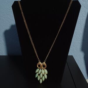 Vintage Blue Owl Pendant on Silver-Toned Chain, 28"